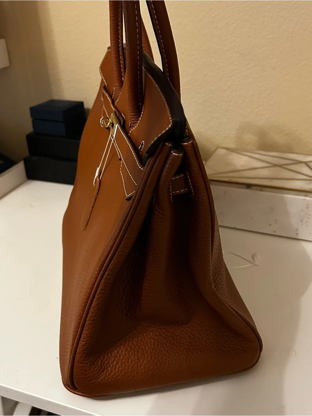 35cm Gold on Brown Top Handle Leather Satchel BK Style
